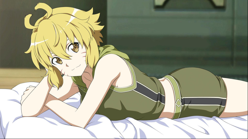 1girl argo_the_rat bed_sheet blonde_hair breasts brown_eyes collarbone crop_top facial_mark from_side game_cg hair_between_eyes head_rest highres indoors looking_at_viewer lying medium_breasts midriff official_art on_stomach short_hair short_shorts shorts sleeveless smile solo sword_art_online:_fatal_bullet