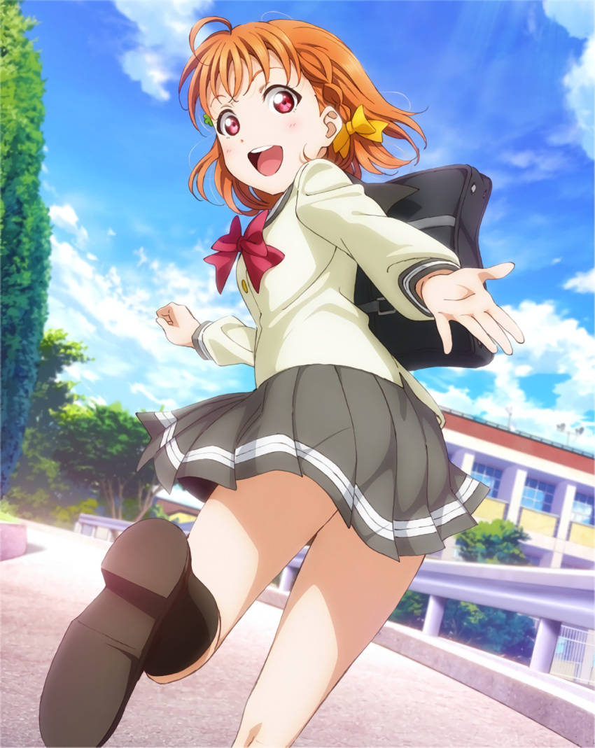 1girl :d ahoge bag black_legwear blue_sky bow bowtie clouds clover_hair_ornament day dutch_angle from_behind from_below grey_skirt hair_bow hair_ornament highres looking_at_viewer looking_back love_live! love_live!_sunshine!! miniskirt one_leg_raised open_mouth orange_hair outdoors pleated_skirt red_bow red_eyes red_neckwear school_bag school_uniform shoes short_hair skirt sky smile solo sweater takami_chika yellow_bow