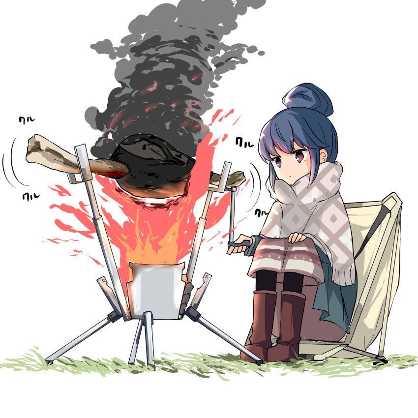 1girl barashiya blue_hair boned_meat boots brown_footwear camping chair commentary_request cooking expressionless fire food full_body hair_bun highres knee_boots long_skirt meat monster_hunter motion_lines poncho shima_rin short_hair sidelocks simple_background sitting skirt smoke solo spinning violet_eyes white_background you're_doing_it_wrong yurucamp