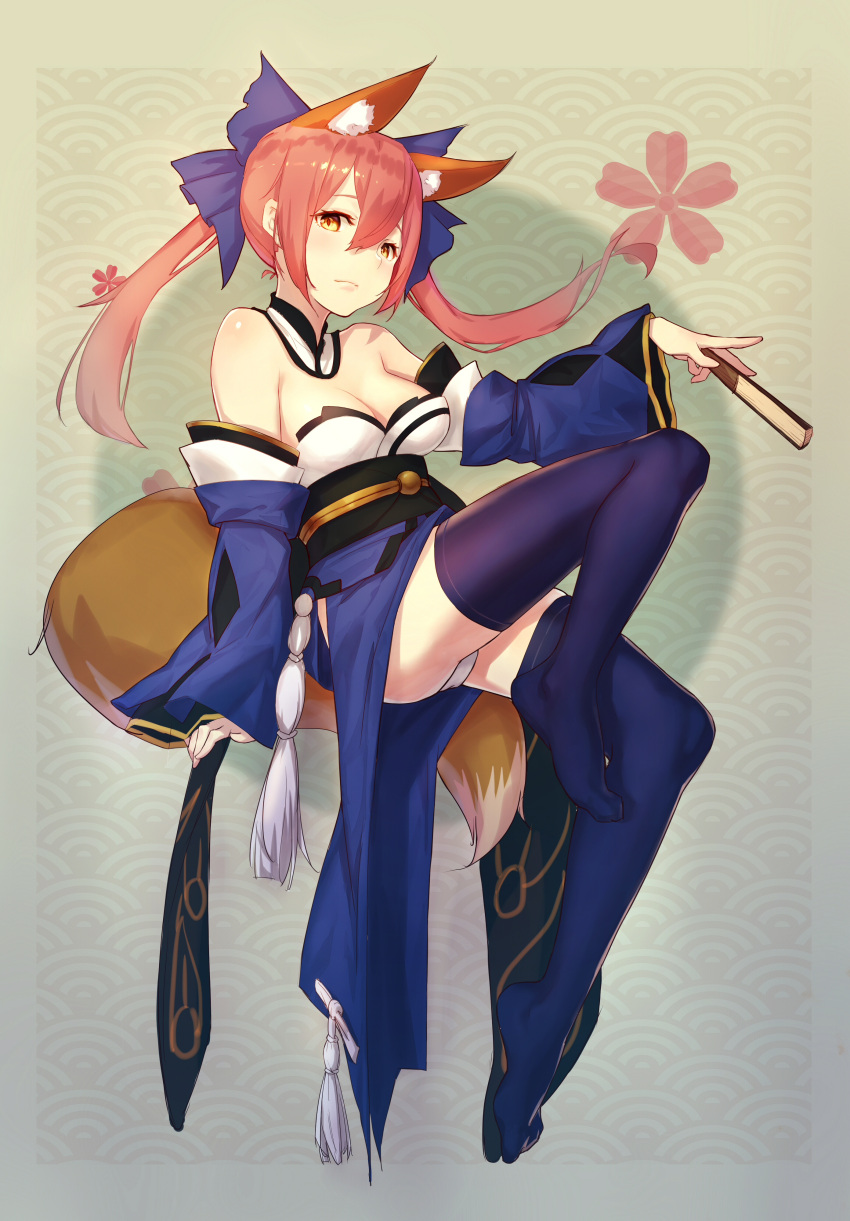 1girl absurdres animal_ears arm_at_side arm_support ass bare_shoulders bent_knees blue_legwear body bow breasts cleavage closed_mouth detached_collar detached_sleeves fan fate/grand_order fate_(series) fox_ears fox_tail from_side hair_bow hair_ornament highres holding holding_fan invisible_chair japanese_clothes large_breasts long_hair long_sleeves looking_at_viewer obi obiage panties pantyshot pink_hair sash sitting sndbr tail tamamo_(fate)_(all) tamamo_no_mae_(fate) tassel thigh-highs underwear white_panties wide_sleeves yellow_eyes