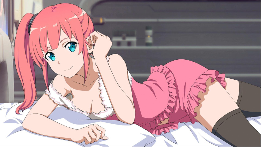 1girl adjusting_hair bed_sheet black_legwear blue_eyes breasts cleavage frilled_shirt frilled_shorts frills game_cg hair_ornament highres indoors kureha_(sao:fb) long_hair looking_at_viewer lying medium_breasts midriff navel off_shoulder official_art pillow pink_shirt pink_shorts redhead shirt short_shorts shorts side_ponytail sidelocks sleeveless sleeveless_shirt smile solo stomach sword_art_online:_fatal_bullet thigh-highs zettai_ryouiki