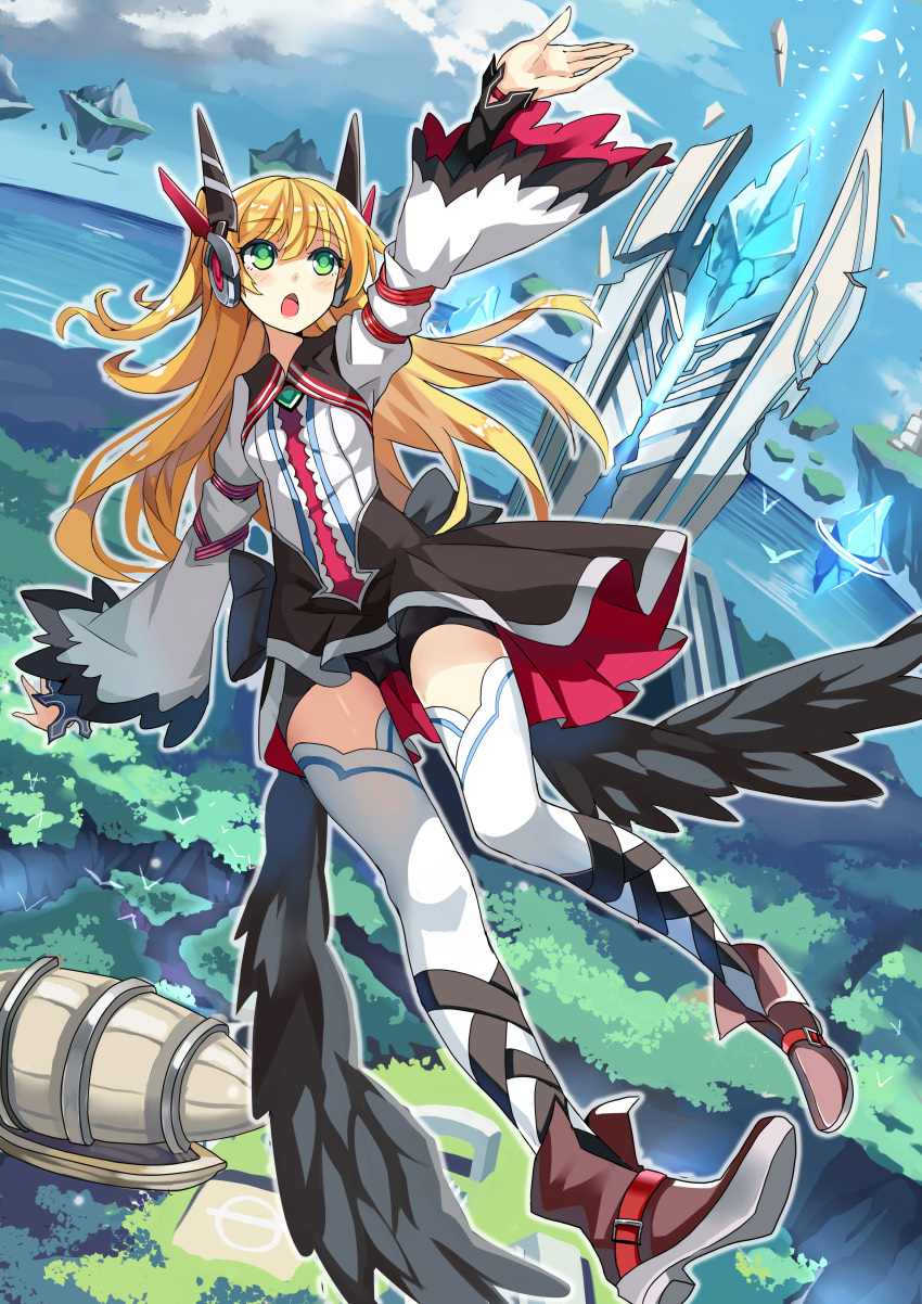 1girl absurdres blonde_hair blush boots character_request copyright_request crystal day eyebrows_visible_through_hair floating green_eyes high_heel_boots high_heels highres long_hair long_sleeves looking_away open_mouth outdoors qihai_lunpo solo thigh-highs white_legwear