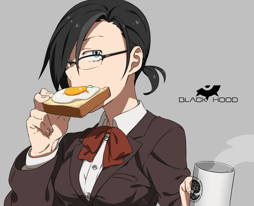 1girl absurdres artist_name black-framed_eyewear black_hair black_hood blazer blue_eyes breasts brown_jacket character_name coffee_cup collared_shirt cup dress_shirt eating food fried_egg glasses grey_background highres holding holding_cup jacket kamezaemon long_sleeves looking_at_viewer medium_breasts multicolored multicolored_eyes neck_ribbon original over-rim_eyewear red_neckwear red_ribbon ribbon sanpaku school_uniform semi-rimless_eyewear shirt short_hair short_ponytail simple_background solo steam toast upper_body white_shirt wing_collar yellow_eyes