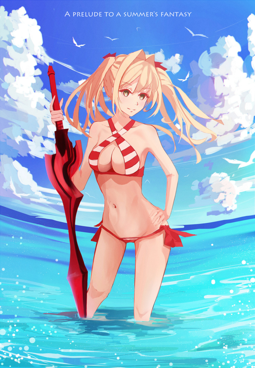 1girl bikini bird blonde_hair blue_sky breasts cleavage clouds collarbone day eyebrows_visible_through_hair fate/grand_order fate_(series) floating_hair green_eyes groin hair_between_eyes hair_ribbon halterneck hand_on_hip highres holding holding_sword holding_weapon large_breasts long_hair navel nero_claudius_(fate)_(all) nero_claudius_(swimsuit_caster)_(fate) ocean outdoors red_bikini red_ribbon ribbon sideboob sky smile solo striped striped_bikini swimsuit sword twintails wading weapon