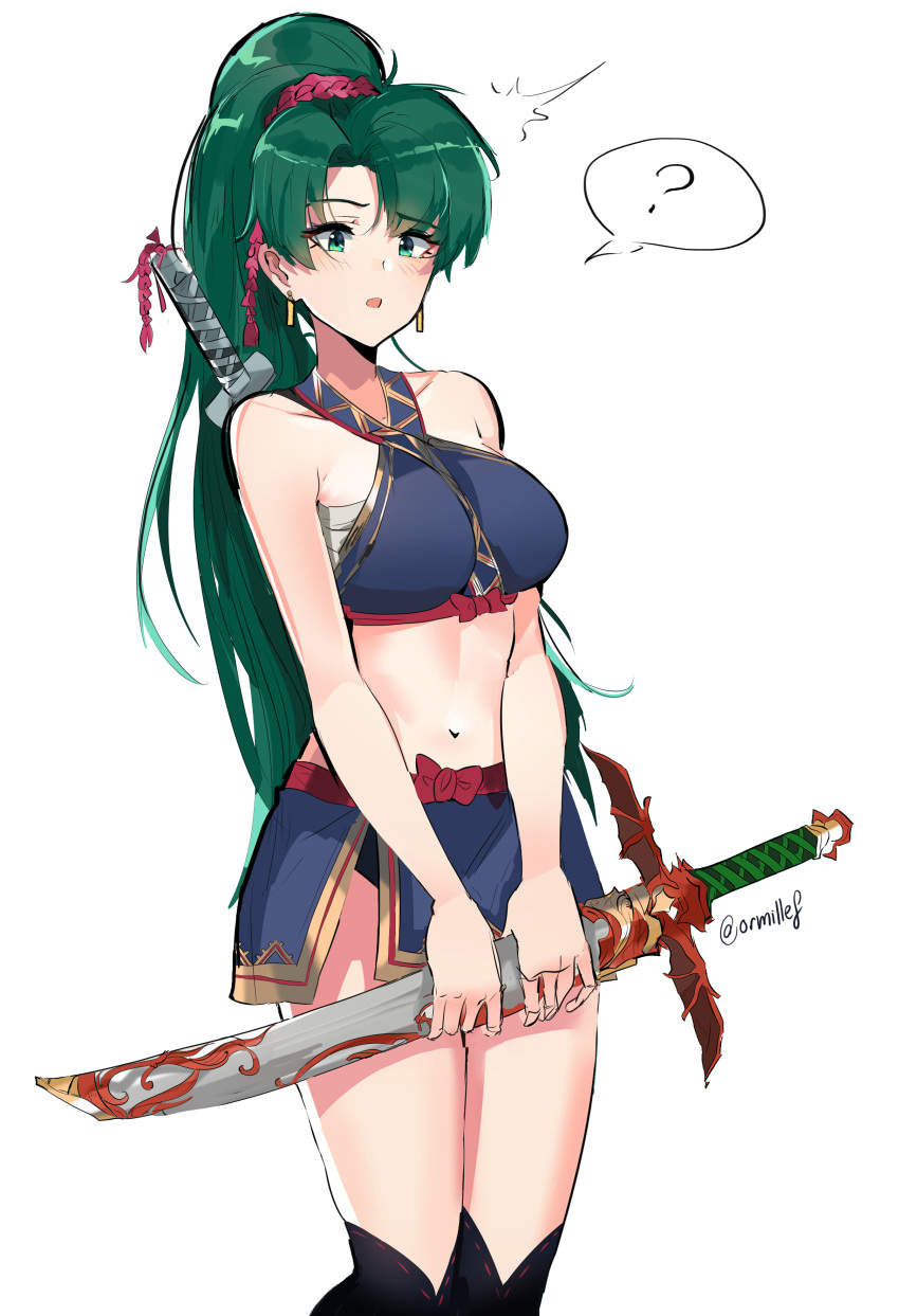1girl :o ? absurdres asymmetrical_bangs bandage bangs bare_arms bare_shoulders black_legwear blue_skirt blush bow breasts cowboy_shot dotentity earrings eyebrows_visible_through_hair fire_emblem fire_emblem:_rekka_no_ken fire_emblem_musou green_eyes green_hair halter_top halterneck high_ponytail highres holding holding_sword holding_weapon jewelry large_breasts long_hair looking_at_viewer lyndis_(fire_emblem) medium_breasts miniskirt navel open_mouth over-kneehighs ponytail red_bow ribbon-trimmed_legwear ribbon_trim sarashi simple_background skirt solo speech_bubble spoken_question_mark standing stomach sword sword_behind_back thigh-highs twitter_username underwear very_long_hair weapon weapon_on_back white_background