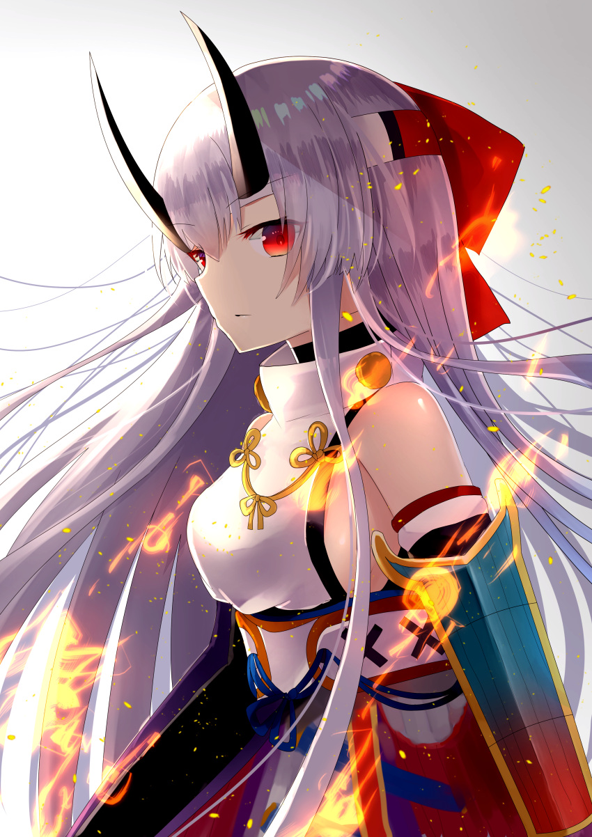 1girl absurdres armor fate/grand_order fate_(series) grey_hair hair_ribbon headband highres horns japanese_armor japanese_clothes red_eyes ribbon sakipsakip solo tomoe_gozen_(fate/grand_order)