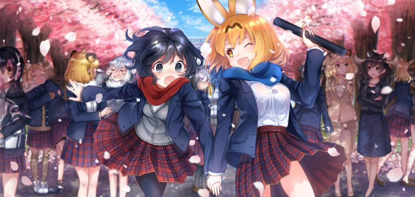 6+girls :o ;d ahoge american_beaver_(kemono_friends) animal_ears antlers asymmetrical_hair aura beaver_ears bike_shorts black-tailed_prairie_dog_(kemono_friends) black_eyes black_hair black_legwear blonde_hair blue_scarf blue_sky blush brown_hair brown_legwear cat_ears cherry_blossoms closed_eyes contemporary crossed_arms crying day doll eating extra_ears eyebrows_visible_through_hair fur_collar graduation grape-kun grey_hair grey_sweater hair_between_eyes hair_tie hand_grab headphones highres holding holding_doll hood hoodie hug humboldt_penguin_(kemono_friends) jaguar_(kemono_friends) jaguar_ears jewelry kaban_(kemono_friends) kemono_friends lion long_hair long_sleeves looking_at_another miniskirt moose_(kemono_friends) moose_ears multicolored_hair multiple_girls necklace noah_(noxxxmo) one_eye_closed open_mouth otter_ears out_of_frame outdoors pantyhose pencil_skirt pink_hair plaid plaid_skirt pleated_skirt prairie_dog_ears red_scarf sand_cat_(kemono_friends) scarf school_uniform serval_(kemono_friends) serval_ears shoebill_(kemono_friends) short_hair skirt sky small-clawed_otter_(kemono_friends) smile sweater tears thigh-highs tree tsuchinoko_(kemono_friends) yellow_eyes zettai_ryouiki