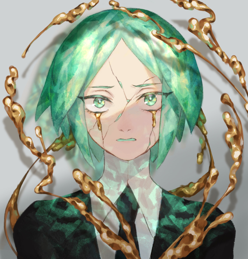 androgynous broken crack crying crying_with_eyes_open crystal_hair gem_uniform_(houseki_no_kuni) gold green_eyes green_hair highres houseki_no_kuni looking_at_viewer necktie phosphophyllite short_hair solo spoilers tears usuke_(u_skeeep)