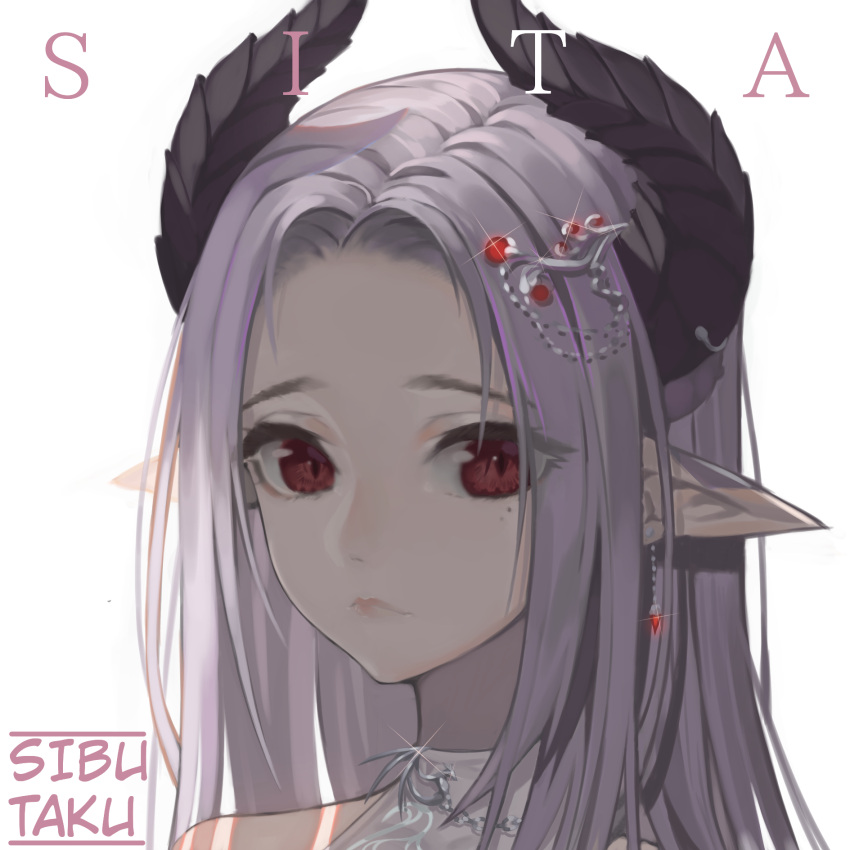 1girl bare_shoulders blush closed_mouth earrings eyebrows_visible_through_hair hair_ornament highres horns hwayoung jewelry long_hair original pointy_ears purple_hair red_eyes solo upper_body