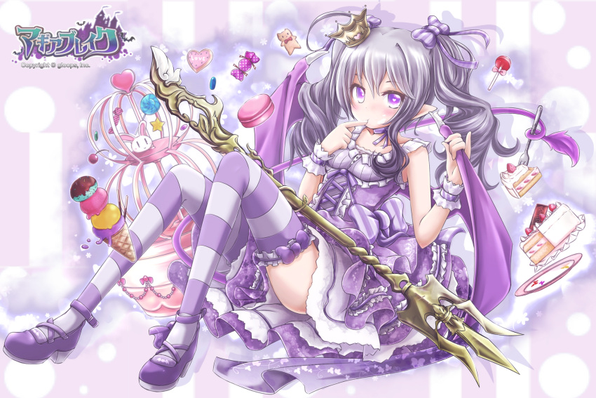 1girl akino_coto bow candy choker cookie crown demon_wings dress food fork frills full_body grey_hair hair_bow heart_in_eye highres ice_cream ice_cream_cone lollipop long_hair looking_at_viewer macaron mini_crown original plate pointy_ears princess purple purple_bow purple_dress purple_footwear quadruple_scoop shoes sidelocks solo strappy_heels strawberry_shortcake striped striped_bow striped_legwear swirl_lollipop symbol_in_eye thigh-highs twintails violet_eyes wings zettai_ryouiki
