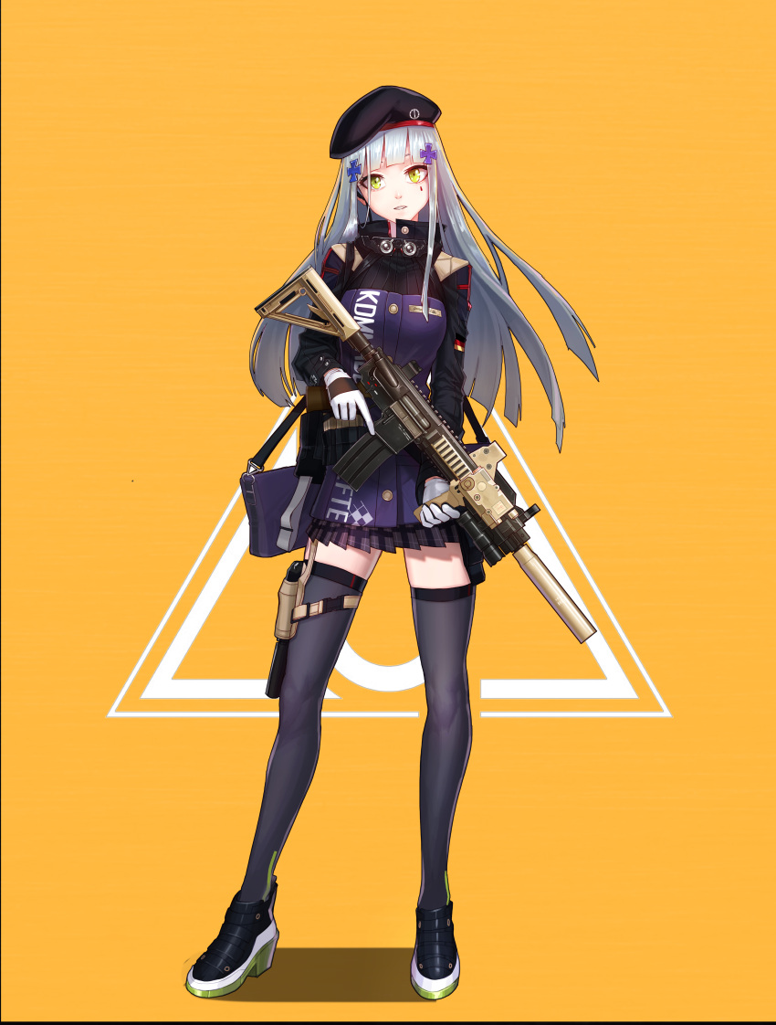 1girl absurdres assault_rifle bag bangs beret black_legwear blunt_bangs dlalsrl03131 earpiece eotech facial_mark full_body german_flag girls_frontline gloves green_eyes gun hair_ornament hat heckler_&amp;_koch high_collar high_heels highres hk416 hk416_(girls_frontline) holster long_hair long_sleeves looking_at_viewer messenger_bag parted_lips rifle shoes shoulder_bag silver_hair skirt sneakers solo standing suppressor teardrop thigh-highs thigh_holster thigh_strap triangle trigger_discipline weapon white_gloves yellow_background zettai_ryouiki