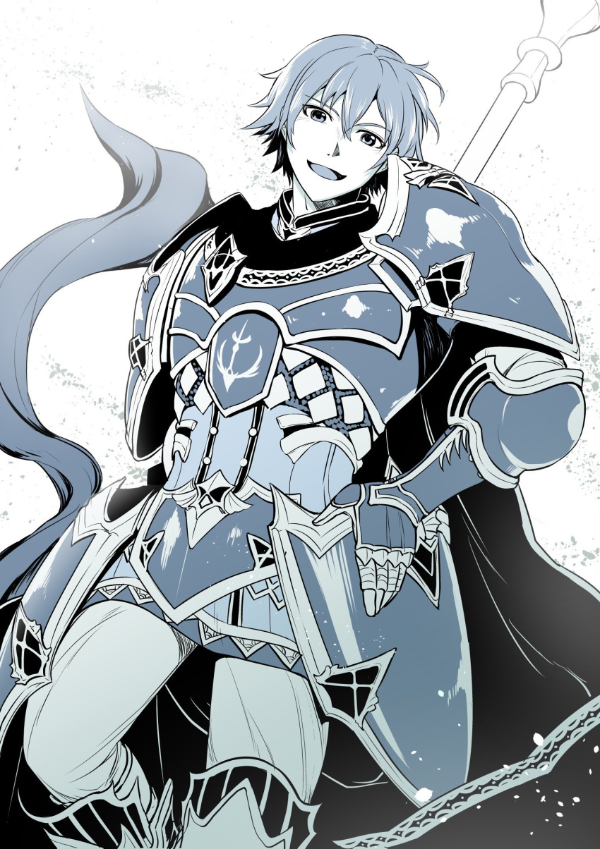 1boy armor cape ephraim fire_emblem fire_emblem:_seima_no_kouseki fire_emblem_heroes gloves highres male_focus monochrome nakabayashi_zun polearm short_hair simple_background smile solo spear weapon