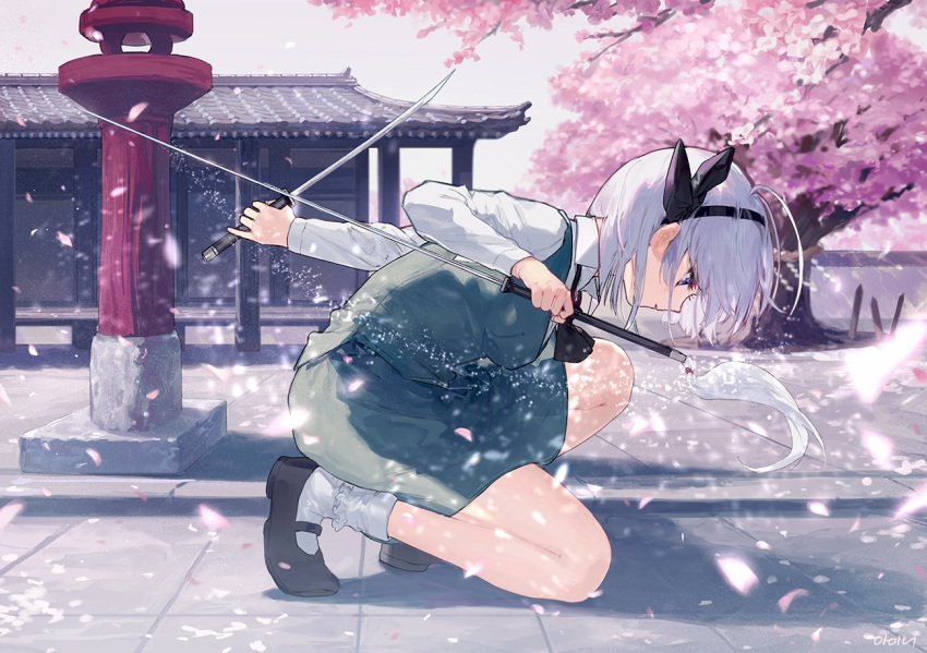 1girl ainy77 architecture black_footwear black_hairband blue_eyes cherry_blossoms collared_shirt dual_wielding east_asian_architecture from_side green_skirt green_vest hairband kneeling konpaku_youmu leaning_forward long_sleeves looking_down mary_janes petals rope shimenawa shirt shoes short_hair silver_hair skirt socks solo stone_lantern sword touhou tree vest weapon white_legwear