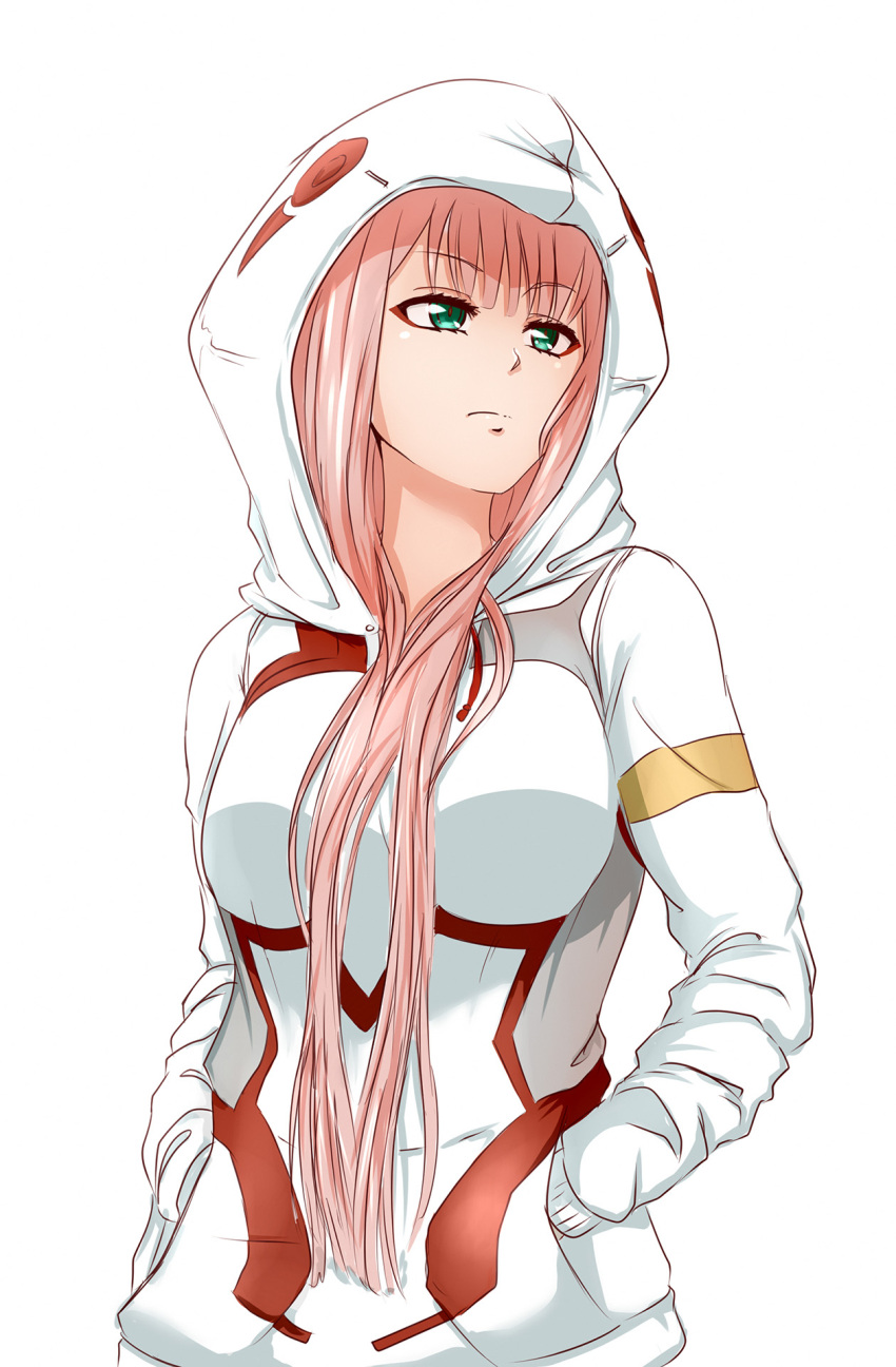 1girl bangs closed_mouth darling_in_the_franxx eyebrows_visible_through_hair eyeshadow green_eyes hands_in_pockets highres hood hood_up hoodie long_hair long_sleeves looking_afar makeup pink_hair simple_background solo upper_body very_long_hair viperxtr white_background white_hoodie zero_two_(darling_in_the_franxx)