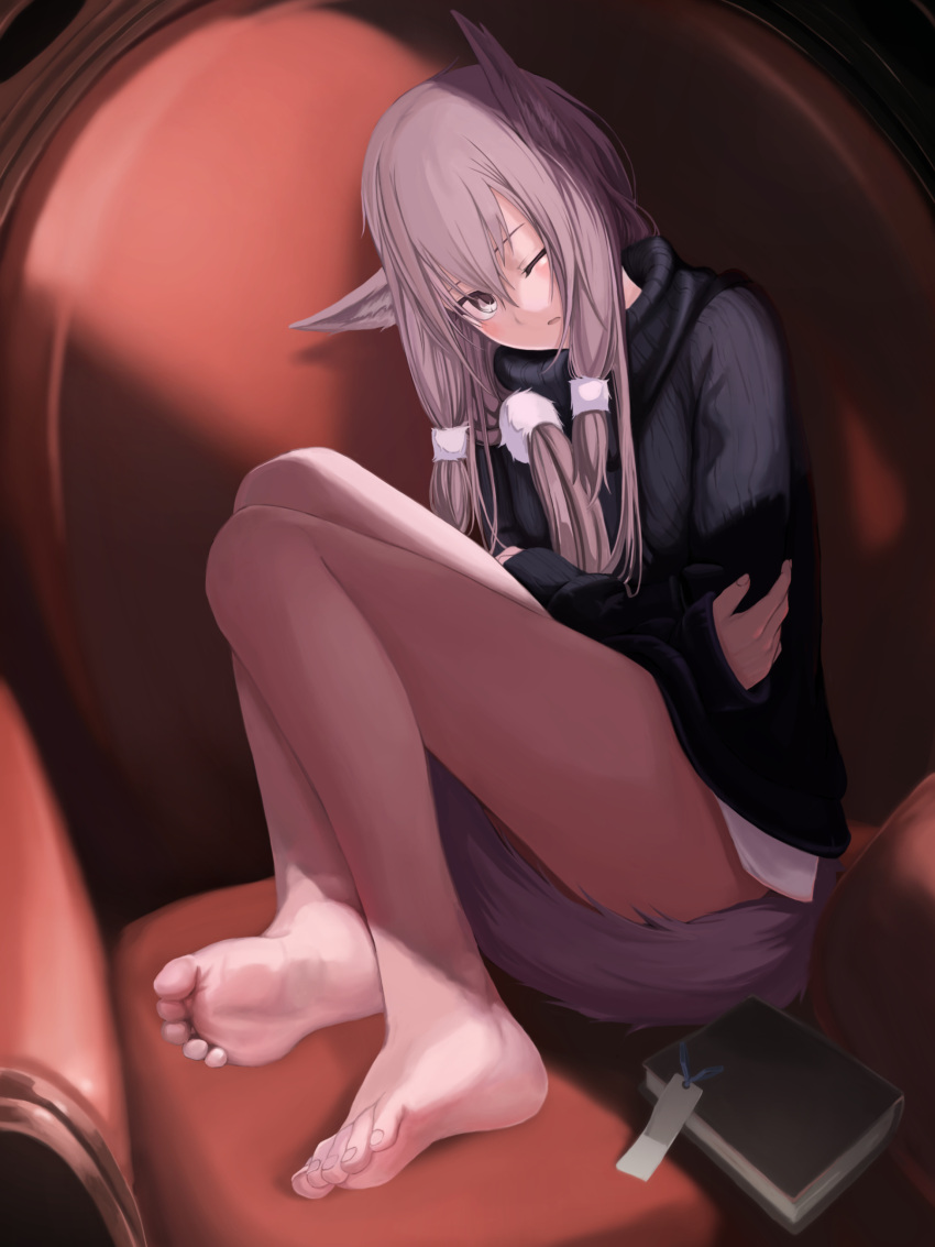 1girl absurdres animal_ears barefoot bottomless feet highres long_hair mikisai_shu original purple_hair ribbed_sweater soles sweater tail toes