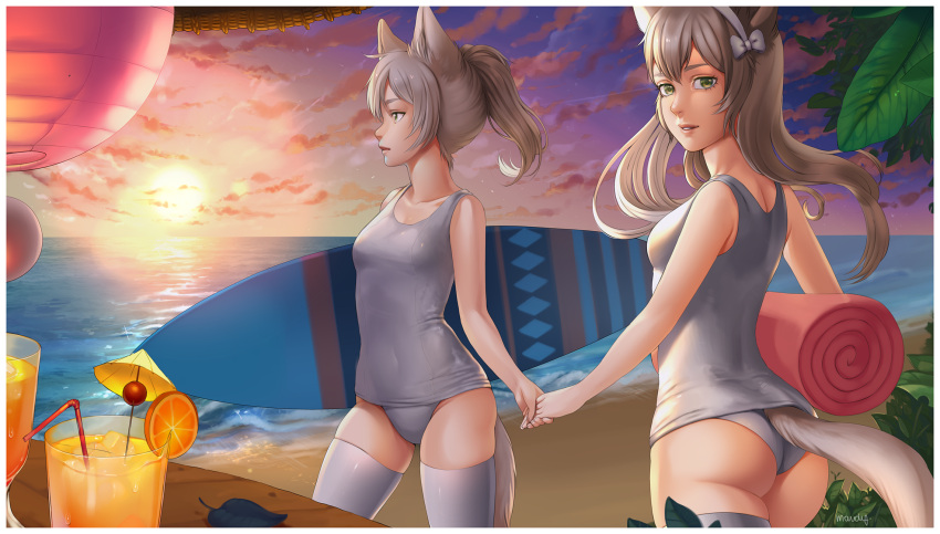 2girls animal_ears ass beach clouds dog_ears dog_tail drinking_straw dusk elin_(tera) green_eyes hairband hand_holding highres holding long_hair looking_back mavoly multiple_girls ocean one-piece_swimsuit outdoors ponytail school_swimsuit silver_hair sky smile surfboard swimsuit tail tera_online thigh-highs towel twintails white_legwear white_school_swimsuit white_swimsuit