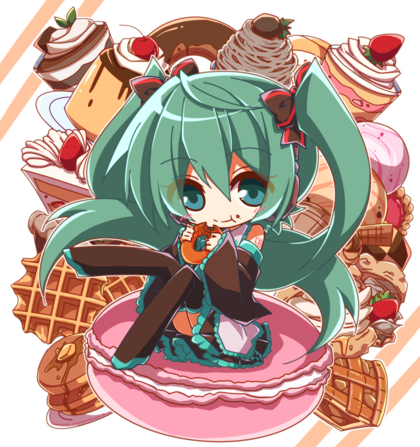 1girl :t aosaki_yato black_bow black_footwear black_skirt boots bow checkerboard_cookie cherry chibi cookie detached_sleeves doughnut eating food food_on_face fruit full_body green_eyes green_hair hair_bow hatsune_miku highres holding holding_food ice_cream long_hair macaron mont_blanc_(food) pancake parfait pie pudding sitting skirt solo strawberry strawberry_shortcake thigh-highs thigh_boots twintails vocaloid waffle whipped_cream