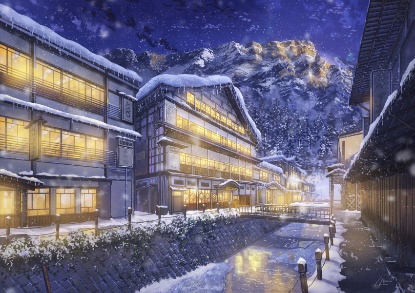 afloat bridge building clouds highres house ice ice_floe mountain night night_sky niko_p no_humans original outdoors path pipes railing revision river road scenery signature sky snow snowing still_life stream town tree water window winter