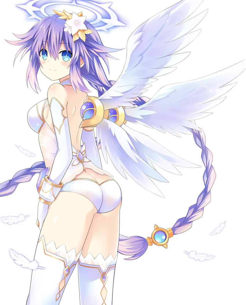 1girl ass bare_shoulders blue_eyes blush braid breasts butt_crack feathered_wings flower four_goddesses_online:_cyber_dimension_neptune from_behind hair_flower hair_ornament halo highres leotard long_hair looking_at_viewer looking_back medium_breasts neptune_(series) power_symbol purple_hair purple_heart simple_background smile solo symbol-shaped_pupils thigh-highs twin_braids twintails very_long_hair white_background white_legwear white_leotard white_wings wings zero_(ray_0805)