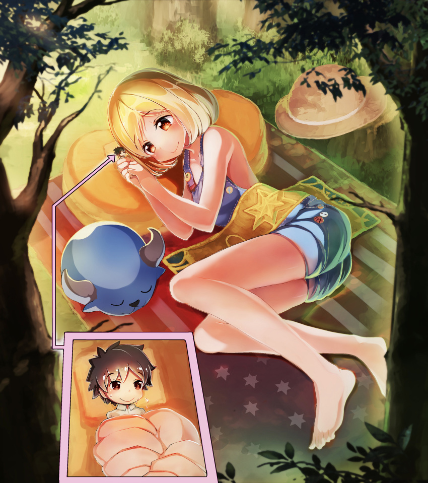1boy 1girl absurdres american_flag babe_(fate) barefoot black_hair blonde_hair blush brown_eyes character_request closed_mouth collarbone day directional_arrow eyebrows_visible_through_hair fate/grand_order fate_(series) giantess hat highres holding_person inzanaki looking_at_another lying on_side outdoors overalls paul_bunyan_(fate/grand_order) pillow red_eyes short_hair sleeping smile