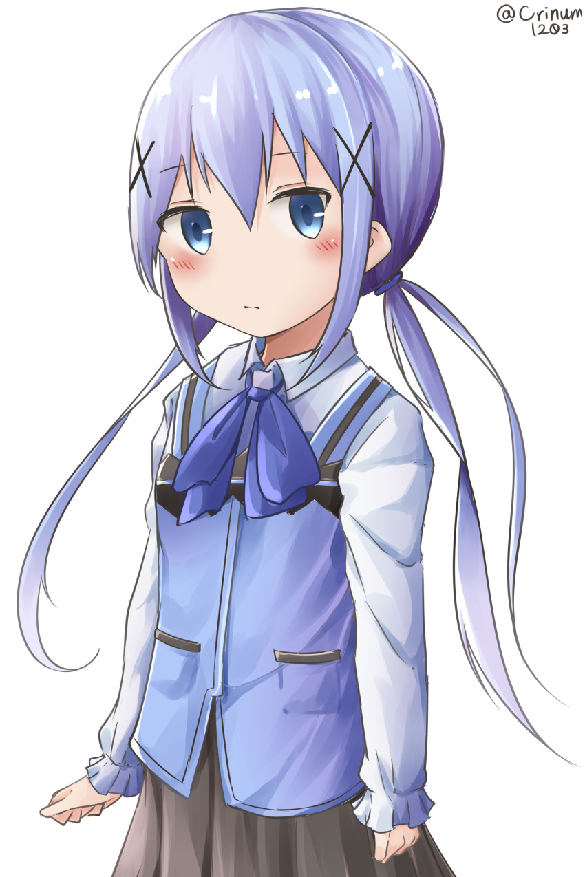 1girl absurdres arms_at_sides bangs black_skirt blue_eyes blue_hair blue_vest blush closed_mouth commentary_request dated eyebrows_visible_through_hair gochuumon_wa_usagi_desu_ka? hair_between_eyes hair_ornament hamayuu_(litore) highres kafuu_chino long_hair long_sleeves looking_at_viewer low_twintails rabbit_house_uniform shirt sidelocks simple_background skirt solo twintails twitter_username uniform very_long_hair vest white_background white_shirt x_hair_ornament
