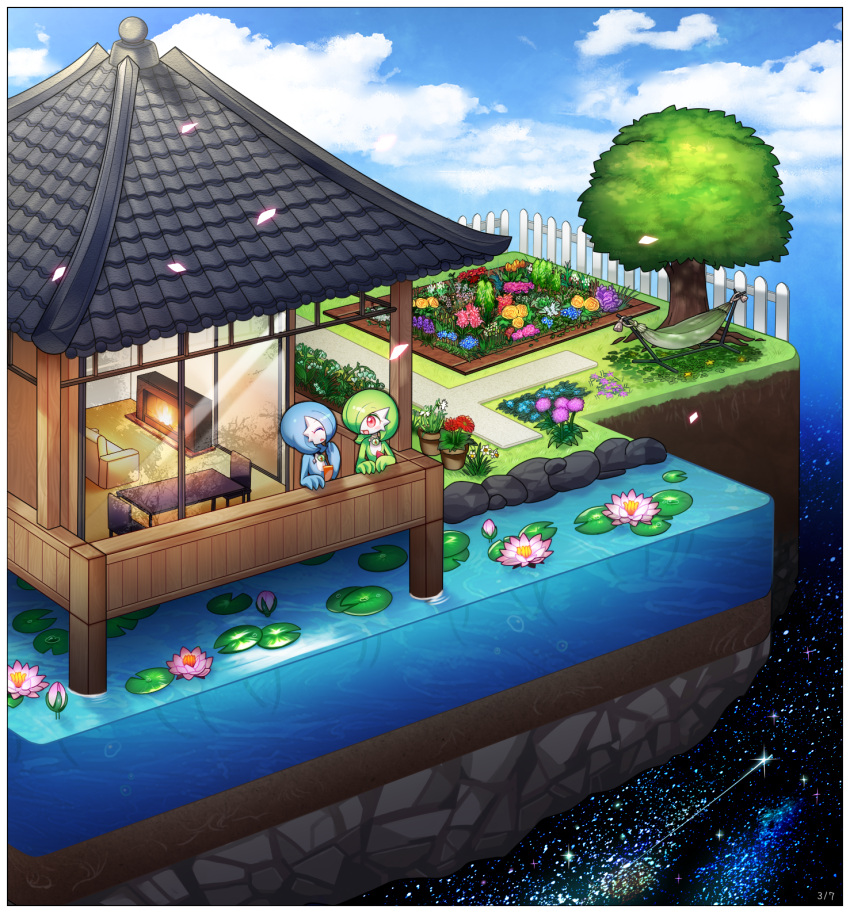 alternate_color architecture blue_sky day east_asian_architecture fence flower garden gardevoir hammock highres lily_pad lotosu outdoors plant pokemon pokemon_(creature) potted_plant red_eyes scenery shiny_pokemon sky star_(sky) table tree