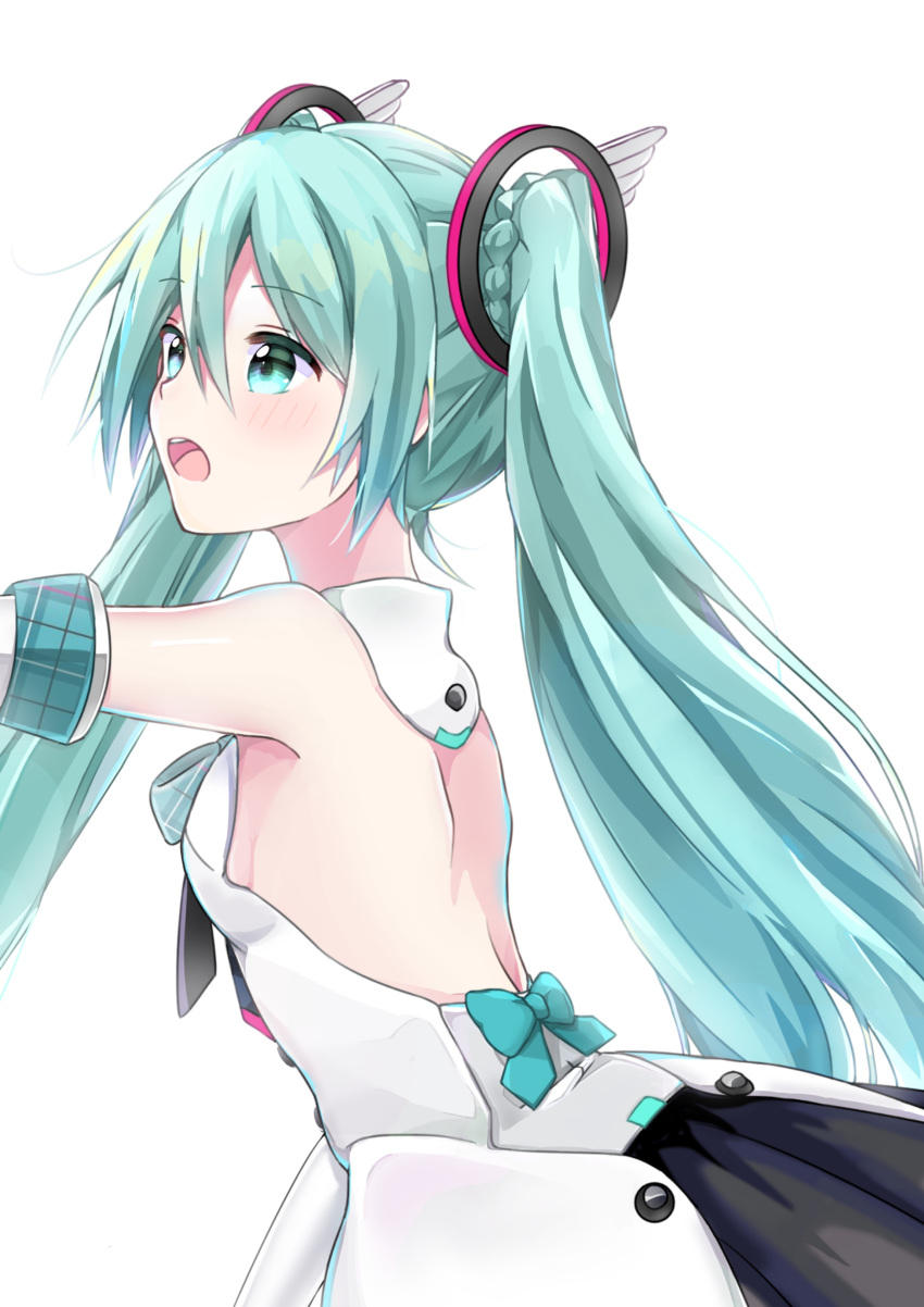 1girl absurdres aqua_eyes aqua_hair dress from_side hatsune_miku highres long_hair magical_mirai_(vocaloid) open_mouth simple_background solo tsukiringo twintails very_long_hair vocaloid white_background