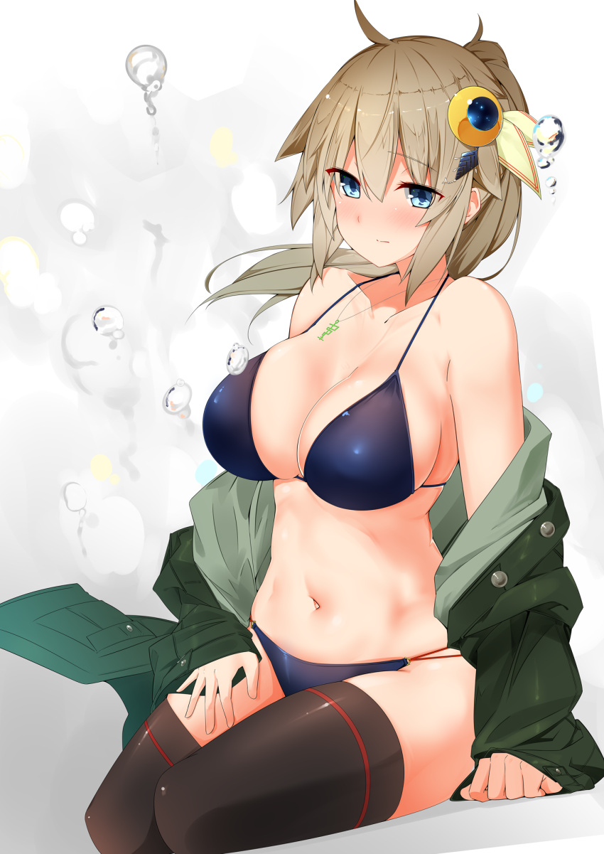 1girl ahoge bikini black_legwear blue_eyes blush collarbone eyebrows_visible_through_hair eyes_visible_through_hair hair_between_eyes hair_ornament high_ponytail highres jewelry long_hair navel necklace open_clothes original personification side-tie_bikini sitting solo swimsuit thigh-highs warashi water_drop yokozuwari