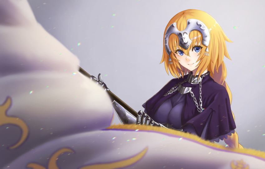 1girl bangs banner blush braid breasts chains closed_mouth corset eyebrows_visible_through_hair eyelashes fate/grand_order fate_(series) gauntlets grey_background headpiece highres holding jeanne_d'arc_(fate) jeanne_d'arc_(fate)_(all) light_particles long_hair looking_at_viewer medium_breasts motion_blur purple_capelet shiny shiny_hair simple_background single_braid smile solo underbust upper_body yukidaifuku
