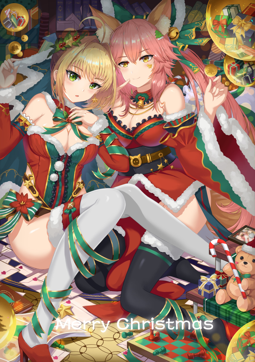 2girls absurdres animal_ears bell black_legwear blonde_hair blush bow breasts candy candy_cane chess_piece chessboard christmas cleavage closed_mouth envelope eyebrows_visible_through_hair fate/extra fate/grand_order fate_(series) food fox_ears fox_tail gift green_bow green_eyes green_ribbon hair_ornament hat heart high_heels highres hongse_beiyu large_breasts long_hair looking_at_another looking_at_viewer multiple_girls nero_claudius_(bride)_(fate) nero_claudius_(fate)_(all) parted_lips pink_hair ribbon santa_costume santa_hat short_hair sitting smile star stuffed_animal stuffed_toy tail tamamo_(fate)_(all) tamamo_no_mae_(fate) teddy_bear thigh-highs white_legwear yellow_eyes