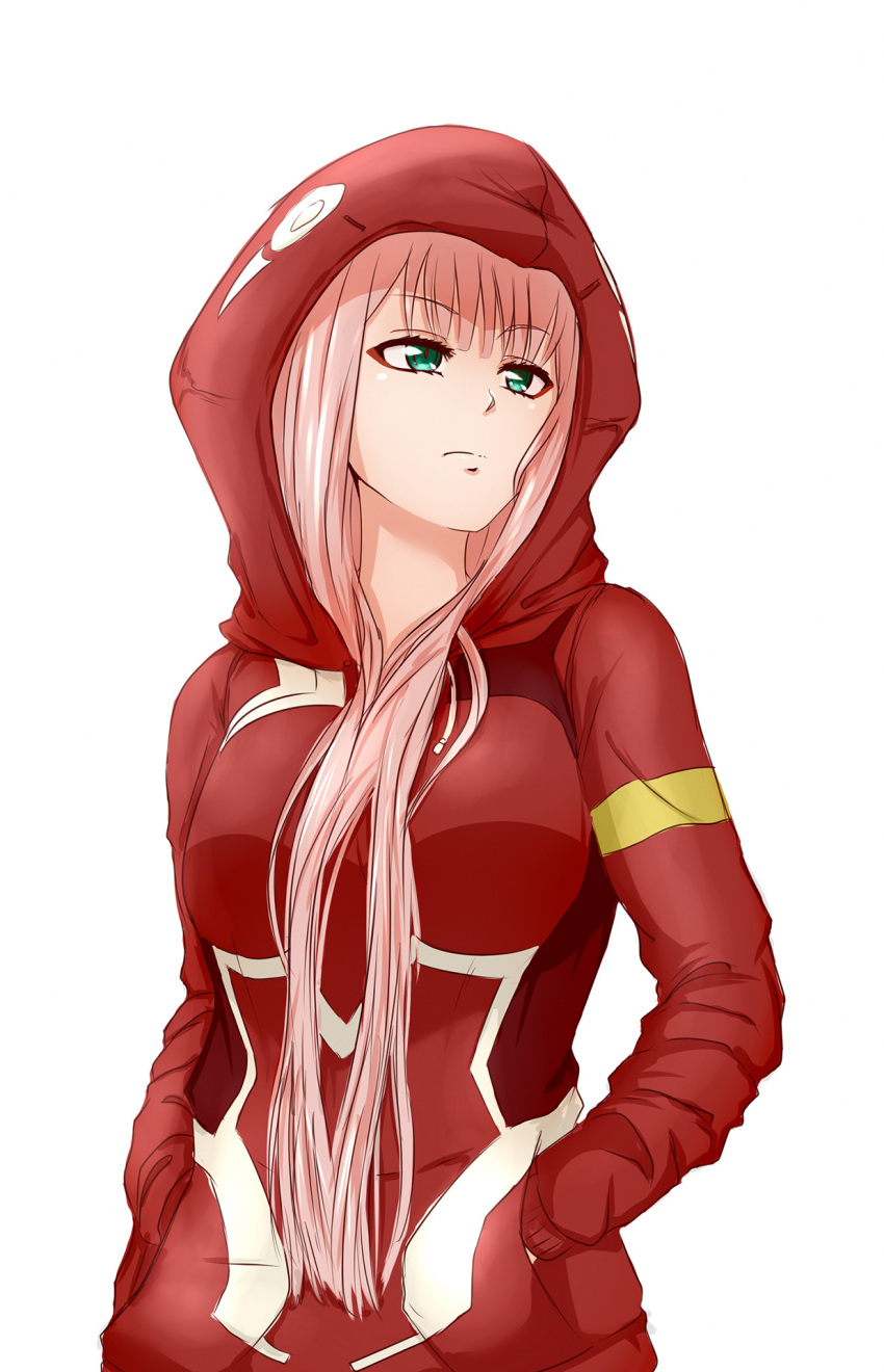 1girl bangs closed_mouth darling_in_the_franxx eyebrows_visible_through_hair eyeshadow green_eyes hands_in_pockets highres hood hood_up hoodie long_hair long_sleeves looking_afar makeup pink_hair red_hoodie simple_background solo upper_body very_long_hair viperxtr white_background zero_two_(darling_in_the_franxx)