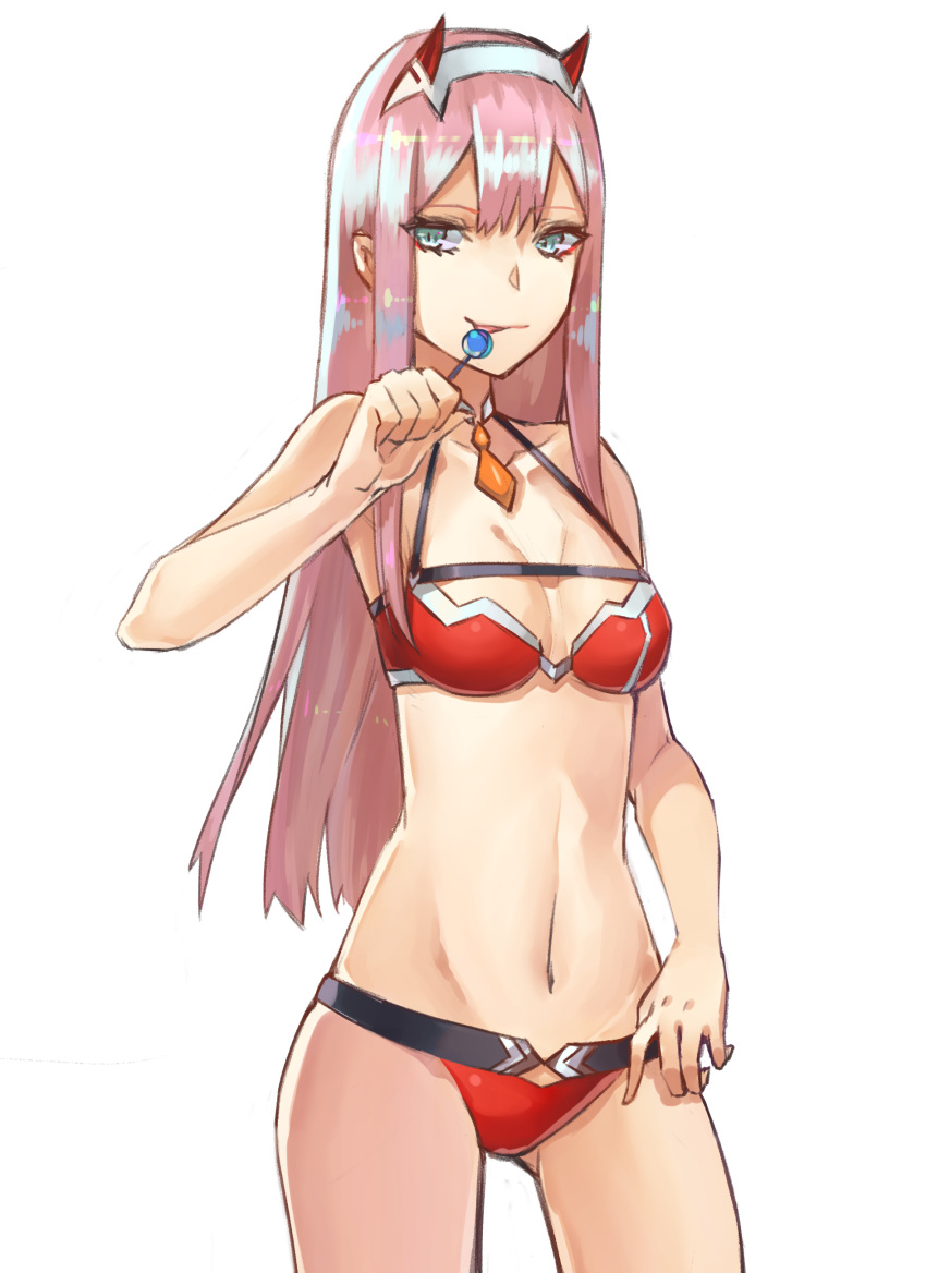 1girl :p absurdres akatsuki_suzumi bangs bikini breasts candy cleavage closed_mouth collarbone cowboy_shot darling_in_the_franxx detached_collar food gluteal_fold hairband highres holding holding_food horns lollipop long_hair looking_at_viewer medium_breasts navel red_bikini shiny shiny_hair sidelocks simple_background smile solo standing stomach straight_hair swimsuit tongue tongue_out tsurime very_long_hair white_background white_hairband zero_two_(darling_in_the_franxx)