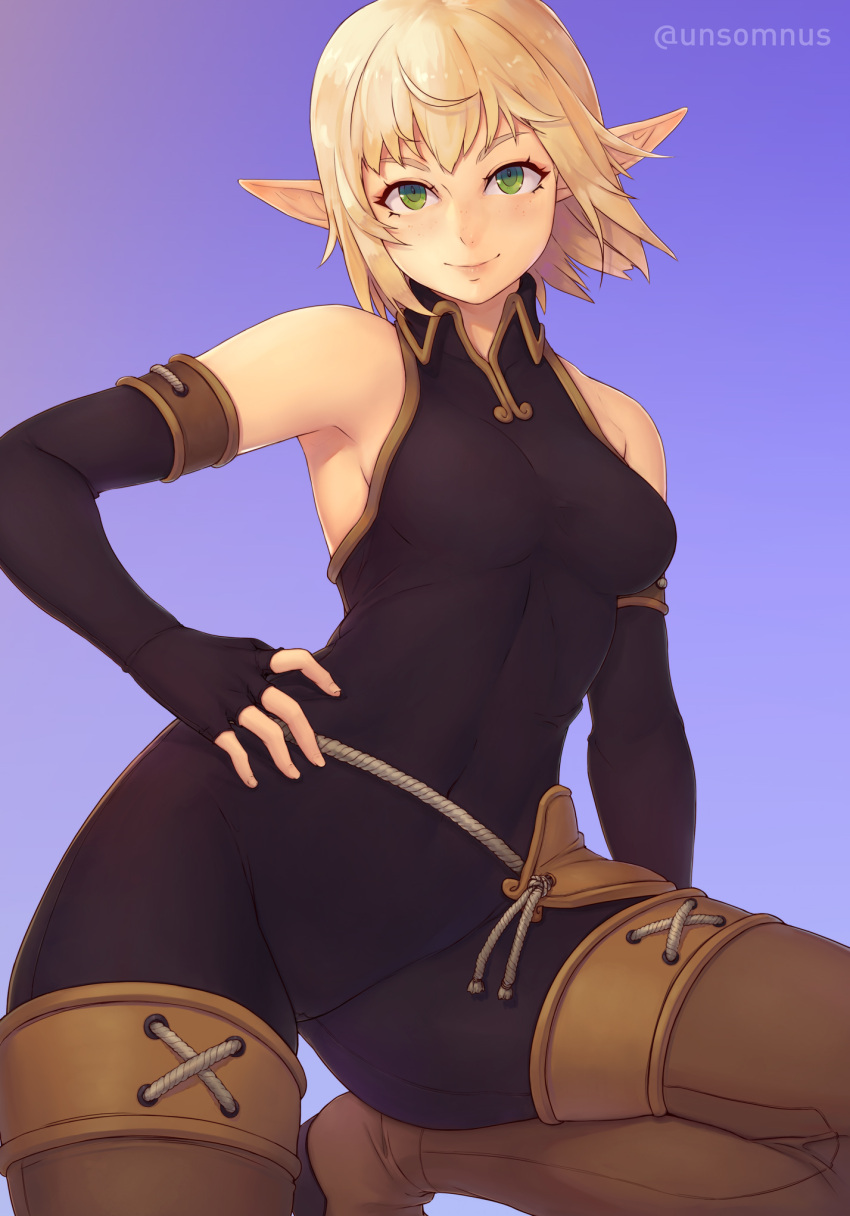 1girl bangs bare_shoulders black_eyes blonde_hair boots breasts covered_navel elbow_gloves elf evangelyne fingerless_gloves freckles gloves green_eyes hand_on_hip highres lips looking_at_viewer medium_breasts pointy_ears short_hair skin_tight smile solo thigh-highs thigh_boots unsomnus wakfu