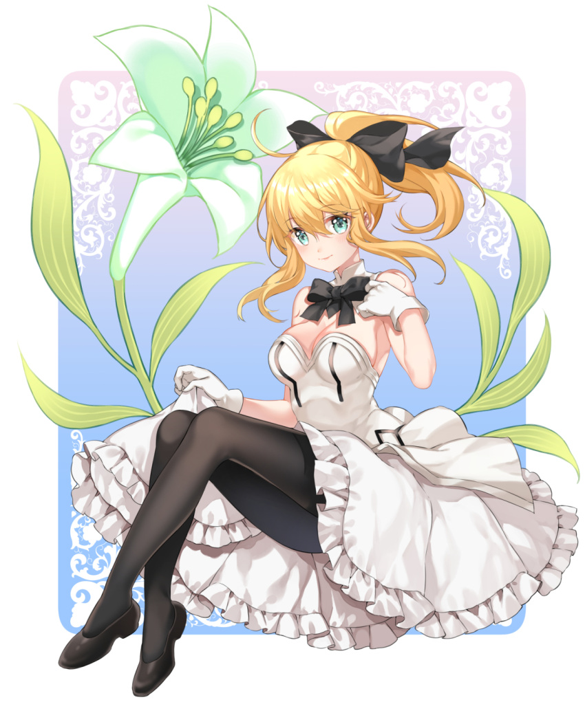 1girl artoria_pendragon_(all) bangs bare_shoulders black_bow black_legwear blonde_hair blue_eyes blush bow breasts brown_footwear closed_mouth commentary_request detached_collar dress eyebrows_visible_through_hair fate/grand_order fate_(series) flower frilled_dress frills full_body gloves hair_between_eyes hair_bow high_ponytail highres large_breasts lily_(flower) long_hair looking_at_viewer object_namesake pantyhose ponytail saber_lily shiosoda shoes sidelocks sitting skirt_hold solo strapless strapless_dress white_dress white_gloves