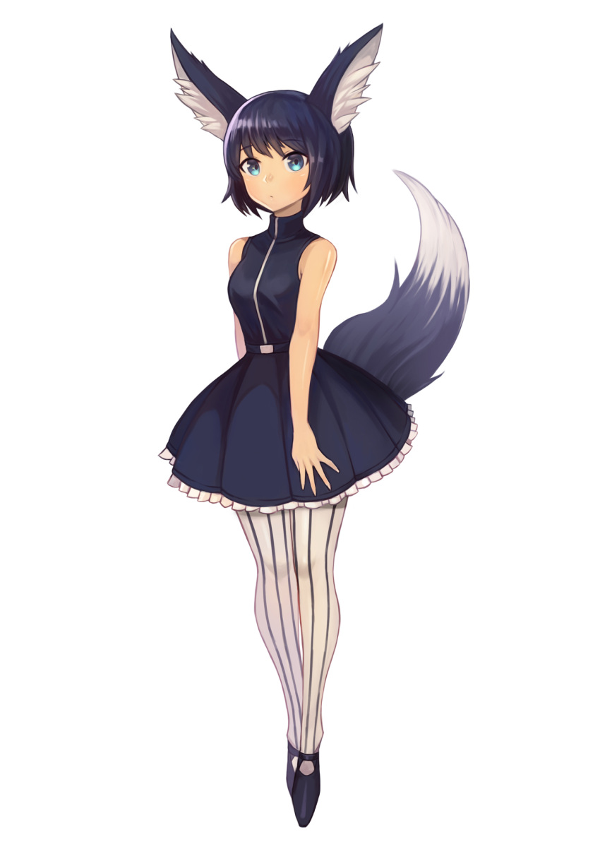 1girl animal_ears arms_at_sides bare_shoulders black_dress black_hair blush closed_mouth commission dress eyebrows_visible_through_hair fox_ears fox_tail full_body highres looking_at_viewer original pantyhose simple_background sleeveless sleeveless_dress solo sookmo striped striped_legwear tail vertical-striped_legwear vertical_stripes white_background white_legwear