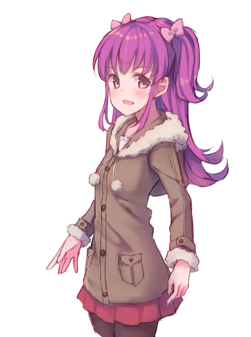 1girl :d bangs black_legwear blush bow brown_coat brown_eyes coat copyright_request eyebrows_visible_through_hair fur-trimmed_sleeves fur_trim hair_bow highres long_hair long_sleeves looking_at_viewer makiaato open_mouth pantyhose pink_bow pleated_skirt purple_hair red_skirt sidelocks simple_background skirt smile solo two_side_up white_background