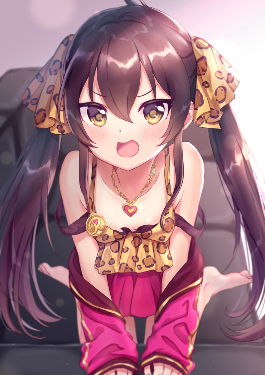 1girl animal_print anoa bangs barefoot blush breasts brown_hair cleavage collarbone commentary_request couch eyebrows_visible_through_hair hair_ribbon heart heart_necklace highres idolmaster idolmaster_cinderella_girls jacket jewelry leopard_print long_hair looking_at_viewer matoba_risa necklace off_shoulder open_mouth ribbon small_breasts solo strap_slip twintails very_long_hair yellow_eyes