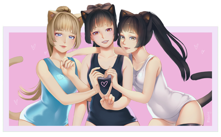 3girls animal_ears black_hair black_legwear blue_swimsuit brown_hair cat_ears cat_tail elin_(tera) heart heart_hands heart_hands_trio highres leaning_forward lips long_hair mavoly multiple_girls one-piece_swimsuit pink_background ponytail school_swimsuit simple_background smile swimsuit tail tera_online thigh-highs v whiskers white_school_swimsuit white_swimsuit