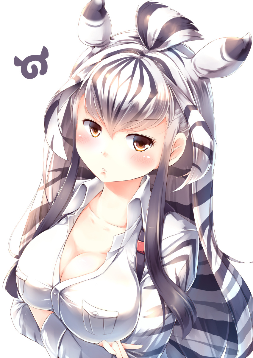 1girl absurdres black_hair blush breast_grab breast_hold breasts brown_eyes chapman's_zebra_(kemono_friends) cleavage commentary_request crossed_arms extra_ears frown grabbing highres japari_symbol kanzakietc kemono_friends large_breasts long_hair looking_at_viewer multicolored_hair sidelocks simple_background solo streaked_hair two-tone_hair upper_body white_background white_hair zebra_ears