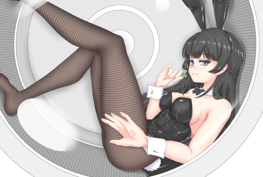 1girl animal_ears black_hair black_leotard black_neckwear blue_eyes bow bowtie bunny_girl bunny_tail bunnysuit clover commentary_request detached_collar ekibyou fishnet_pantyhose fishnets four-leaf_clover full_body highres leotard long_hair looking_at_viewer no_shoes pantyhose rabbit_ears sitting smile solo strapless strapless_leotard tail tsukino_mito virtual_youtuber wrist_cuffs