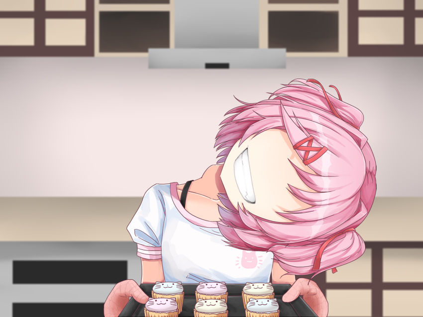 1girl bangs blush broken_neck collarbone cupcake doki_doki_literature_club eyebrows_visible_through_hair facing_viewer food gauntlets hair_ornament highres holding natsuki_(doki_doki_literature_club) no_eyes open_mouth pink_hair shirt short_hair simple_background smile spoilers white_shirt yu_cha