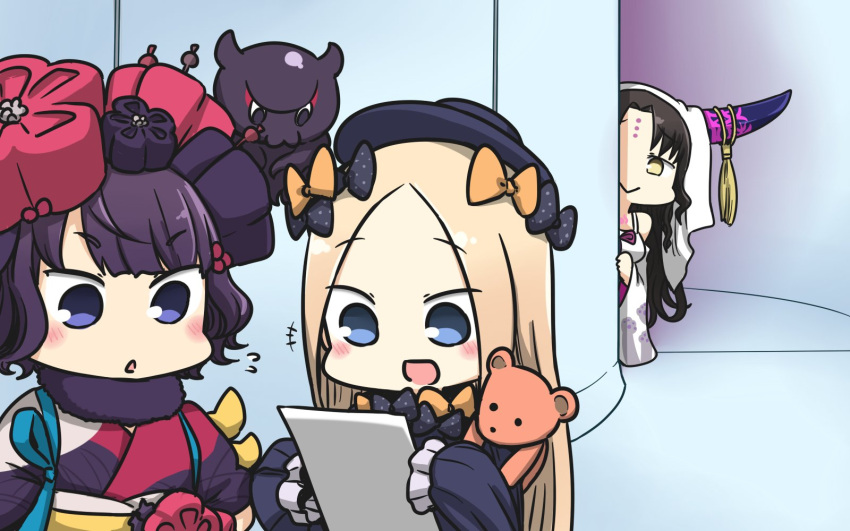 abigail_williams_(fate/grand_order) aura chibi commentary dark_aura facial_mark fate/grand_order fate_(series) forehead_mark hair_ornament hamu_koutarou hat highres holding holding_paper horns japanese_clothes katsushika_hokusai_(fate/grand_order) long_hair multiple_girls open_mouth paper peeking_out sesshouin_kiara stuffed_animal stuffed_toy sweater teddy_bear