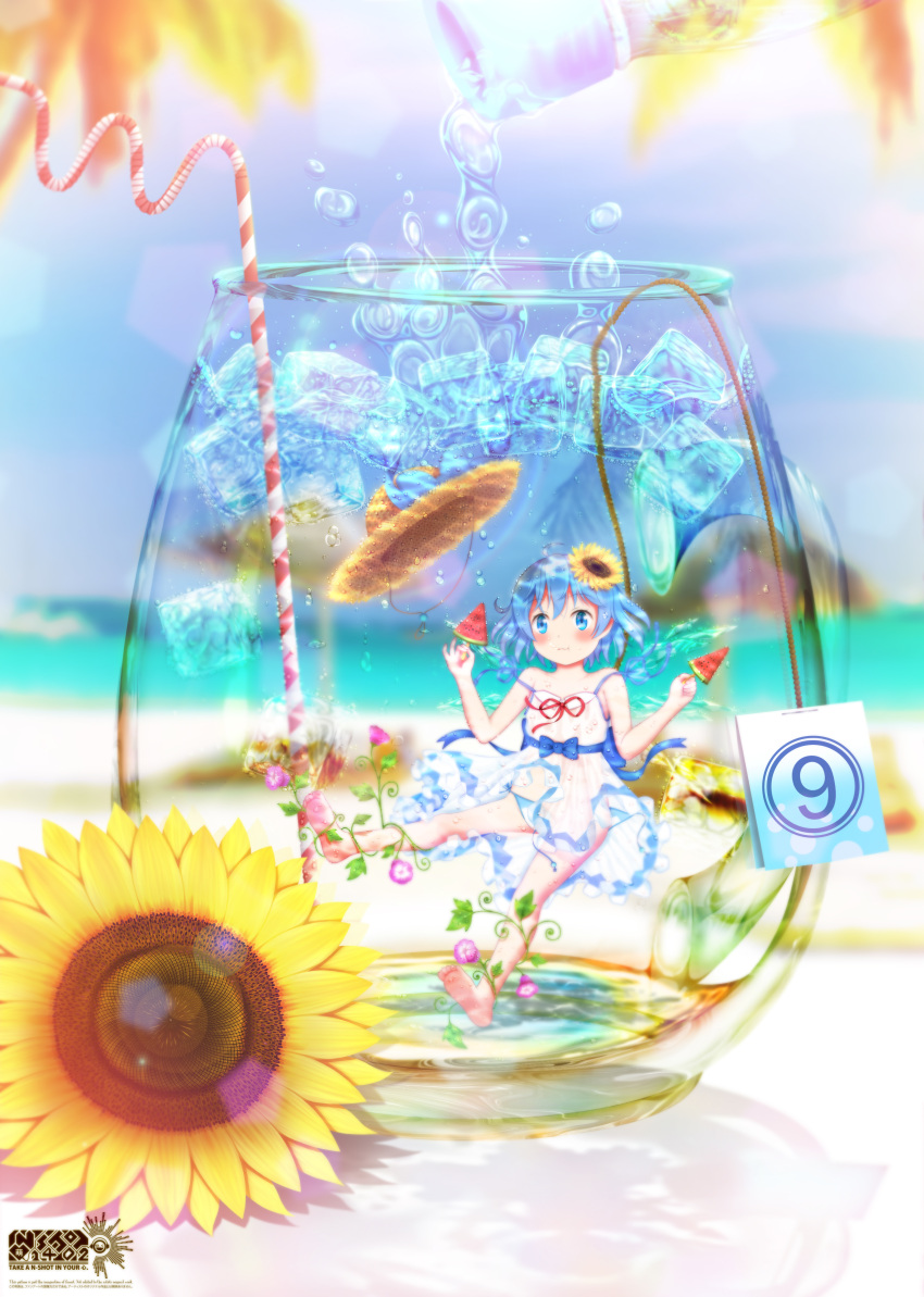 (9) 1girl absurdres air_bubble artist_name bare_shoulders barefoot bendy_straw blue_bow blue_eyes blue_hair blue_panties blue_ribbon blush bow bubble cirno closed_mouth collarbone cup drinking_glass drinking_straw eyebrows_visible_through_hair flower food hair_flower hair_ornament hat hat_bow highres ice ice_cube looking_at_viewer nshot1402 outdoors panties popsicle ramune ribbon short_hair solo straw_hat summer sunflower sunflower_hair_ornament touhou underwear watermelon_bar