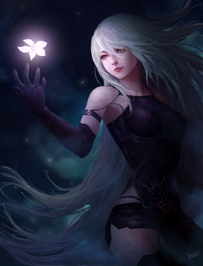 absurdres android armlet black_gloves black_shorts blue_eyes elbow_gloves flower gloves glowing glowing_flower highres mole mole_under_mouth nier_(series) nier_automata night night_sky renlewiz robot_joints short_shorts shorts silver_hair sky tank_top yorha_type_a_no._2