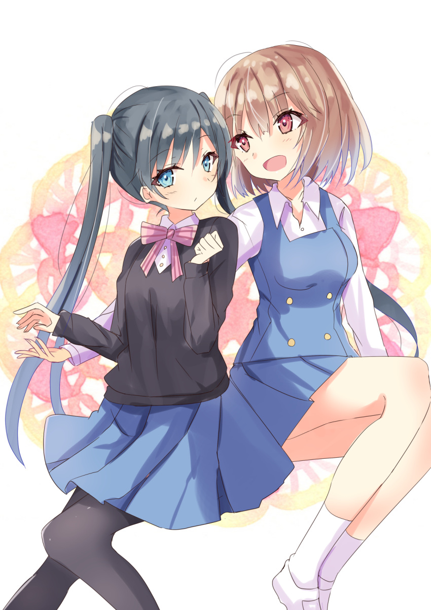2girls :d bangs black_hair black_legwear black_sweater blue_eyes blue_skirt blue_vest blush bow breasts brown_eyes brown_hair collared_shirt commentary_request eyebrows_visible_through_hair feet_out_of_frame floral_background hair_between_eyes highres hizaka inokuma_youko kin-iro_mosaic komichi_aya long_hair long_sleeves medium_breasts multiple_girls open_mouth pantyhose pink_bow pleated_skirt school_uniform shirt shoes simple_background skirt smile socks striped striped_bow sweater twintails very_long_hair vest white_background white_footwear white_legwear white_shirt