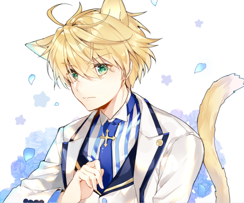 1boy ahoge animal_ears bangs blonde_hair blue_flower blue_neckwear blue_rose blush cat_ears cat_tail closed_mouth eyebrows_visible_through_hair fate/prototype fate_(series) floral_background flower green_eyes hair_between_eyes jacket kemonomimi_mode long_sleeves looking_at_viewer male_focus necktie open_clothes open_jacket petals pingo rose rose_petals saber_(fate/prototype) solo striped tail upper_body v-shaped_eyebrows vertical_stripes white_background white_jacket