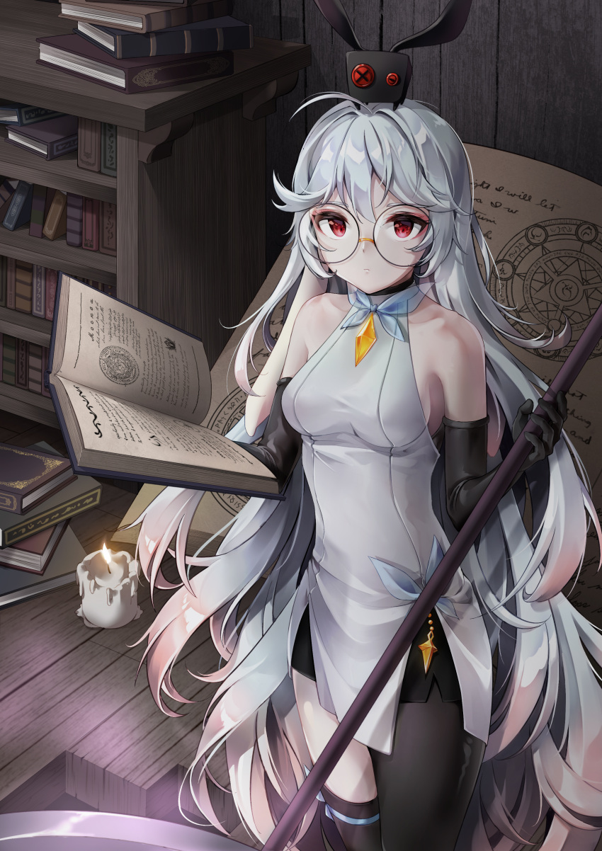 1girl absurdly_long_hair absurdres asymmetrical_legwear black_gloves black_legwear blush book breasts candle closed_mouth elbow_gloves eyebrows_visible_through_hair glasses gloves highres holding holding_book holding_staff long_hair looking_at_viewer medium_breasts nyamunyamu open_book pantyhose red_eyes sideboob silver_hair solo staff thigh-highs very_long_hair witch_springs