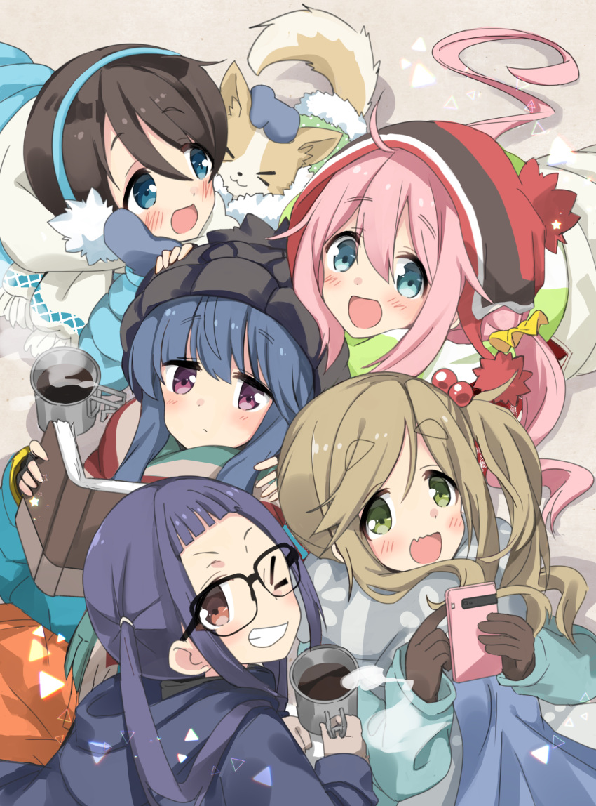 &gt;_&lt; 5girls ;d ahoge animal bangs beanie black-framed_eyewear black_coat black_gloves black_hat blue_coat blue_eyes blue_hair blue_mittens blush book brown_gloves brown_hair cellphone chikuwa_(yurucamp) closed_mouth clothed_animal coat coffee cup dog drink earmuffs expressionless eyebrows_visible_through_hair fang fingerless_gloves from_above glasses gloves green_eyes grey_scarf hair_bobbles hair_ornament hair_scrunchie hand_on_another's_head hand_on_own_cheek hat highres hizuki_yayoi holding holding_book holding_phone hood hood_down hooded_coat inuyama_aoi kagamihara_nadeshiko long_hair long_sleeves looking_at_viewer looking_back looking_up low-tied_long_hair lying mittens multiple_girls on_back on_stomach one_eye_closed oogaki_chiaki open_book open_clothes open_coat open_mouth phone pink_hair pom_pom_(clothes) reading red_eyes red_hat saitou_ena scarf scrunchie shima_rin side_ponytail sidelocks smartphone smile striped striped_scarf tareme thick_eyebrows triangle violet_eyes wavy_mouth white_scarf yurucamp