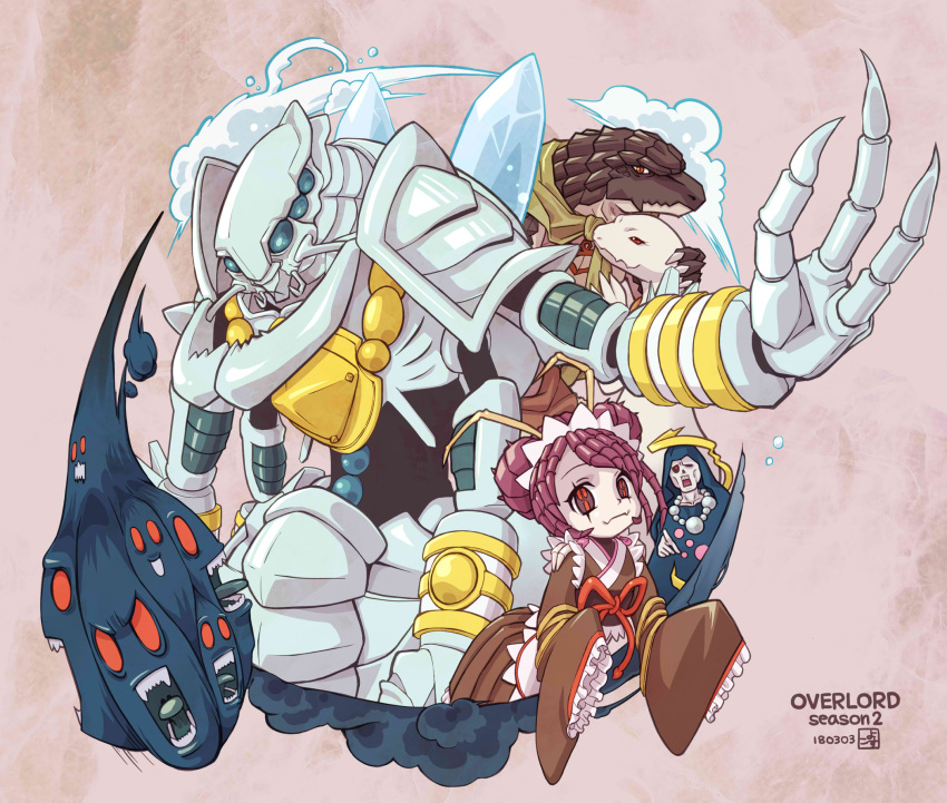 antennae cocytus_(overlord) commentary_request copyright_name crusch_lulu double_bun entoma_vasilissa_zeta extra_arms fang_out fangs fangs_out fewer_digits highres japanese_clothes joshua2368 kimono lich lizard long_sleeves looking_at_viewer maid maid_headdress multiple_pupils obi outstretched_arms overlord_(maruyama) redhead sash short_hair sleeves_past_fingers spread_arms zaryusu_shasha