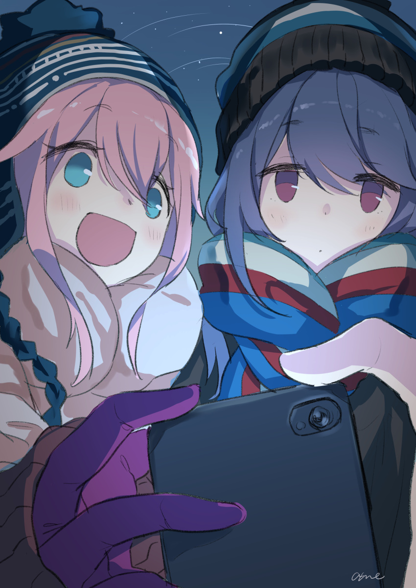 2girls :d absurdres artist_name bangs beanie blue_eyes blue_hat blue_scarf blush bobblehat cellphone cellphone_camera closed_mouth expressionless eyebrows_visible_through_hair gloves hair_between_eyes hat highres kagamihara_nadeshiko long_hair long_sleeves looking_at_phone multiple_girls night night_sky open_mouth outdoors phone pink_eyes pink_hair purple_gloves scarf shima_rin signature sky smartphone smile star_(sky) starry_sky striped_hat swept_bangs tareme tranquil-lizer upper_body white_scarf yurucamp